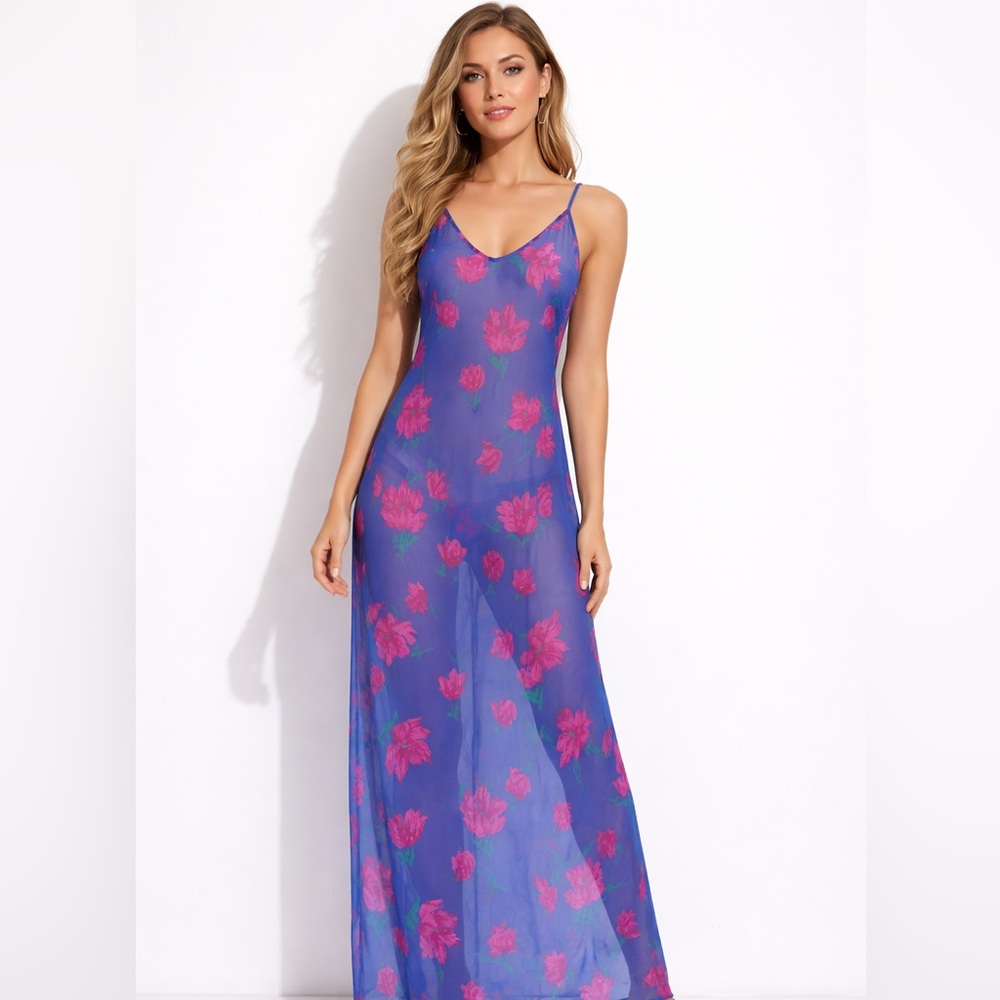 Vintage Barbizon Purple Pink Floral Maxi Sheer Night Slip Dress Medium Romantic